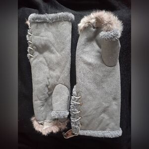 Vintage Suede & Fur Arm-warmer Mitts, grey